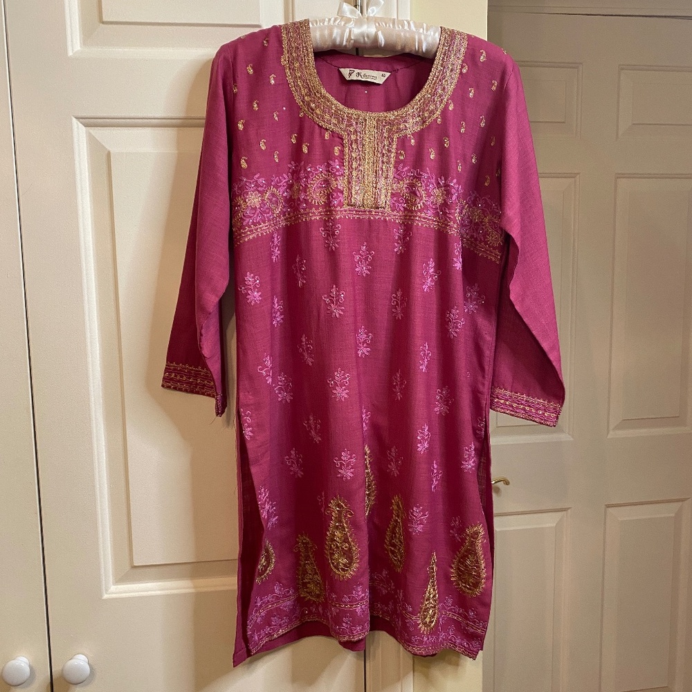 Kurta, K Seven, Size 40, M/L, Pink & Gold Embroidery